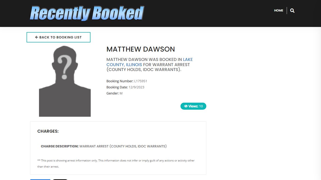 Recent Booking / Mugshot for MATTHEW DAWSON in Lake County, Illinois